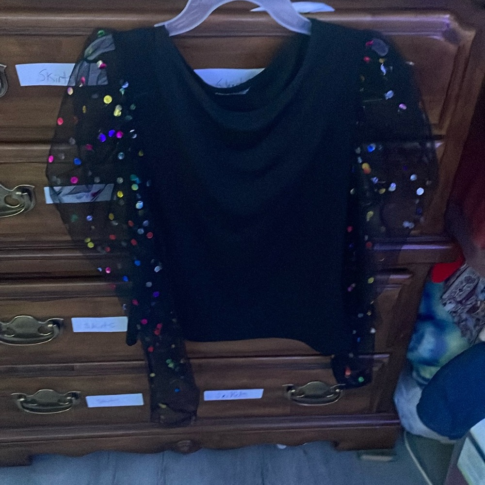 Black front size large see-through long sleeve with confetti